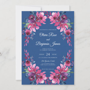 Watercolor Cobalt Magenta Wreath Wedding Invitation