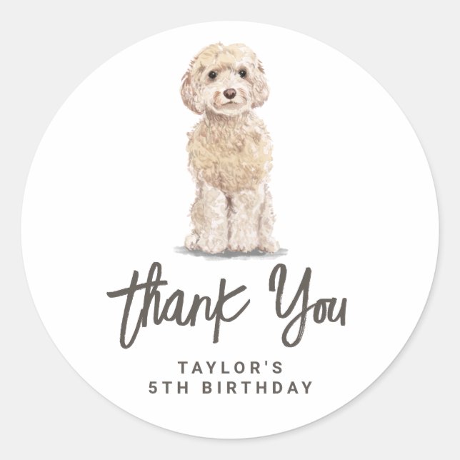 Watercolor Cockapoo Dog Birthday Thank You Classic Round Sticker (Front)