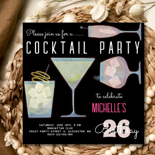 Watercolor Cocktail birthday party black Invitation