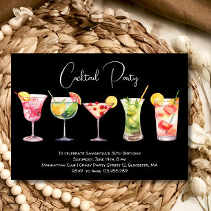 Watercolor Cocktail birthday party black Invitation