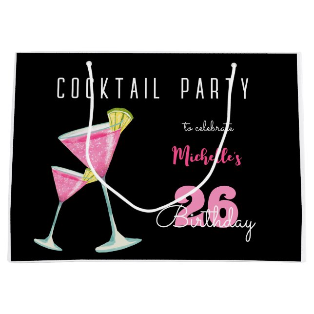 Watercolor Cocktail birthday party black Large Gift Bag (Front)