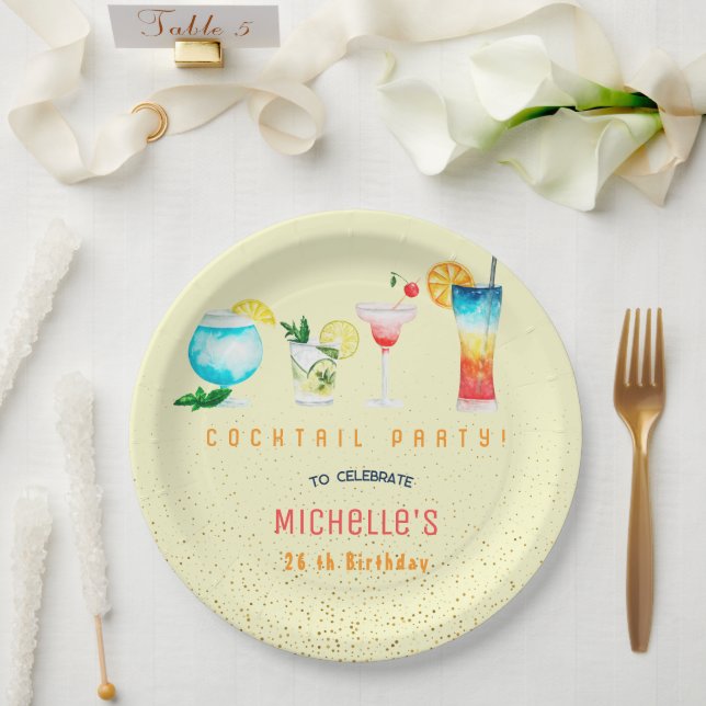 Watercolor Cocktail birthday party for adults Paper Plate (Wedding)