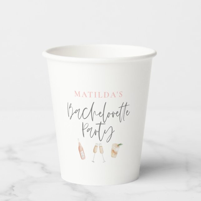 Watercolor cocktail champagne bachelorette party p paper cups (Front)