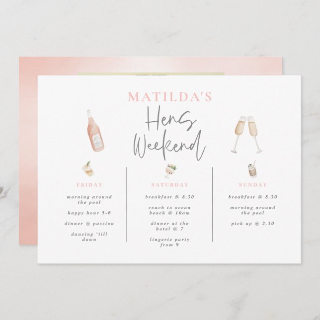 Watercolor cocktail champagne hens weekend 3 day (Front/Back)