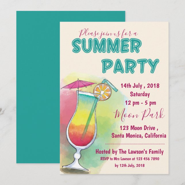 Watercolor | Cocktail Glass | Summer Party Invitation (Front/Back)