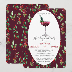 Watercolor Cocktail Holly Berry Christmas Invitation