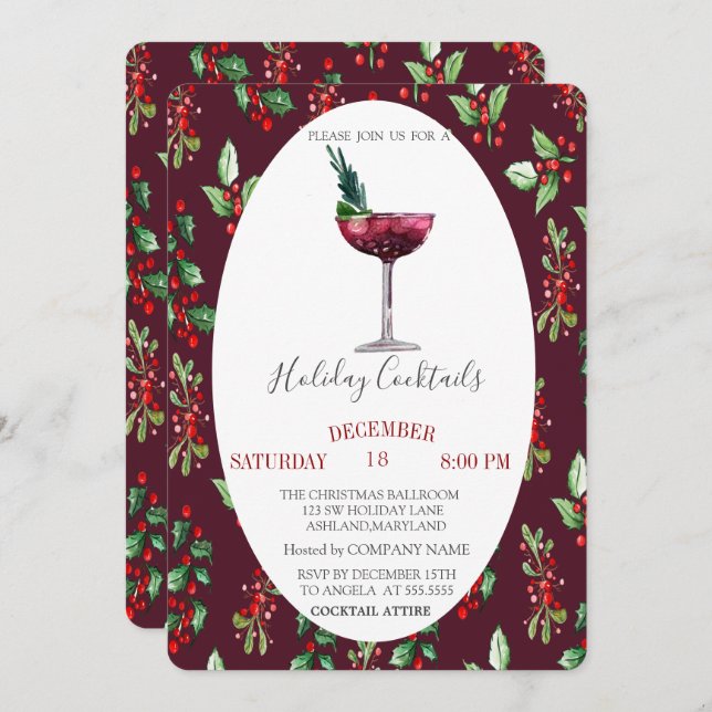  Watercolor Cocktail Holly Berry Christmas  Invitation (Front/Back)