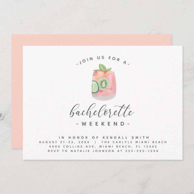 Watercolor Cocktail Minimal Bachelorette Weekend Invitation (Front/Back)