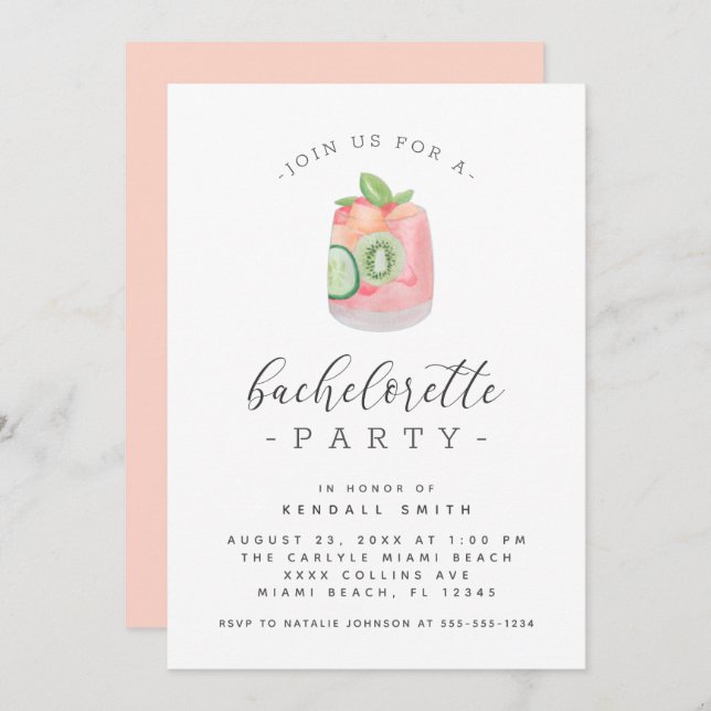 Watercolor Cocktail Minimalist Bachelorette Party Invitation (Front/Back)