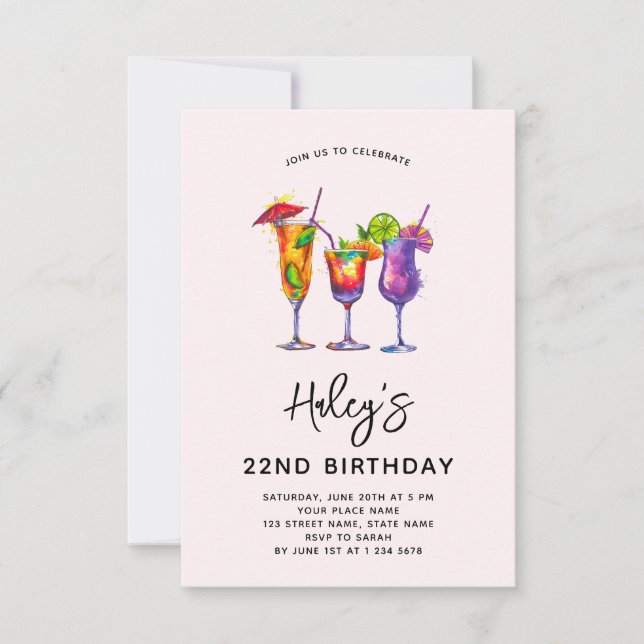 Watercolor Cocktails 22nd Birthday Party Invitation (Front)