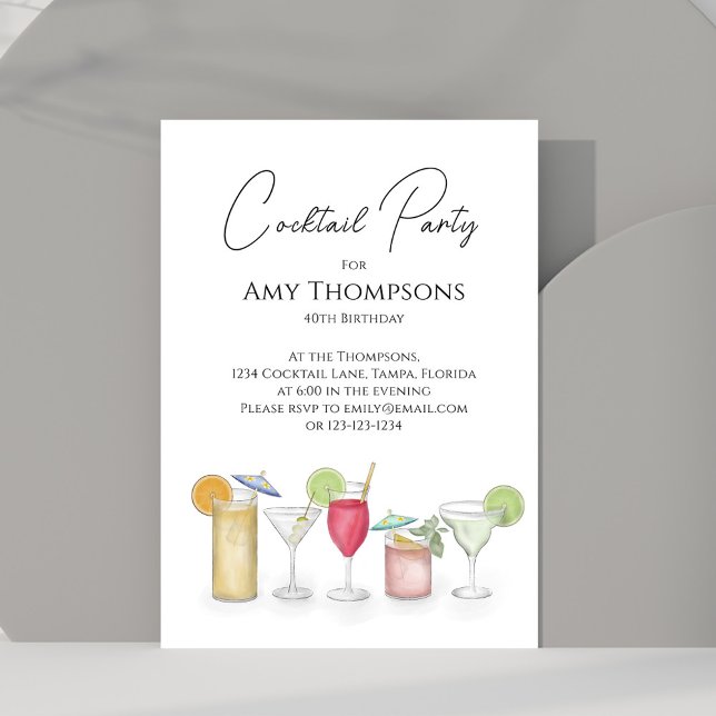 Watercolor Cocktails Adult Birthday Party Invitation (Watercolor cocktail party invitation with whimsy cocktail drinks. )