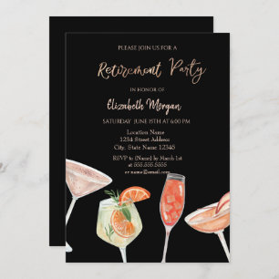 Watercolor Cocktails Black Retirement  Invitation