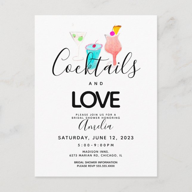Watercolor Cocktails  Bridal Shower Bachelorette Postcard (Front)