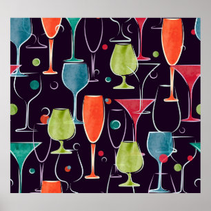 Watercolor cocktails, colourful vintage pattern. poster
