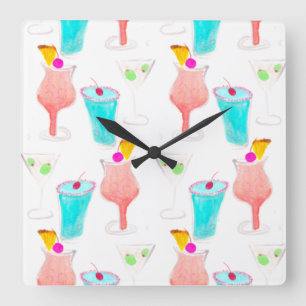 Watercolor Cocktails Drink Pattern Bartender Square Wall Clock