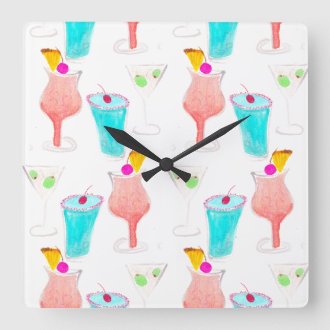 Watercolor Cocktails Drink Pattern Bartender Square Wall Clock (Front)