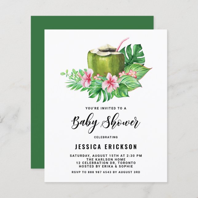 Watercolor Coconut Summer Baby Shower Invitation (Front/Back)