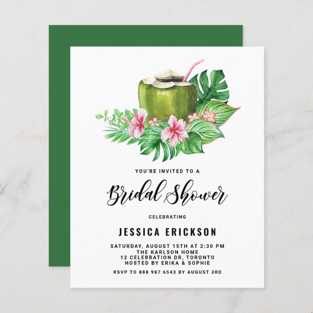 Watercolor Coconut Summer Bridal Shower Invitation (Front/Back)
