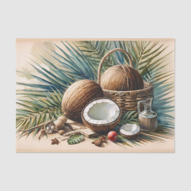 Watercolor Coconut Tropical Decoupage Tissue Paper (Front)