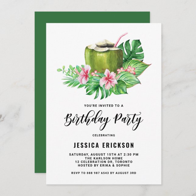 Watercolor Coconut Tropical Summer Birthday Party Invitation (Front/Back)