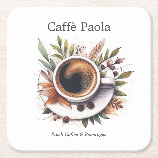 Watercolor coffee cup square paper coaster (Front)