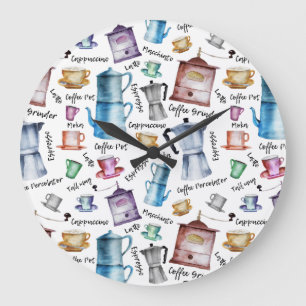 Watercolor coffee espresso cups, mugs pots pattern large clock