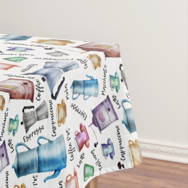 Watercolor coffee espresso cups, mugs pots pattern tablecloth (In Situ)