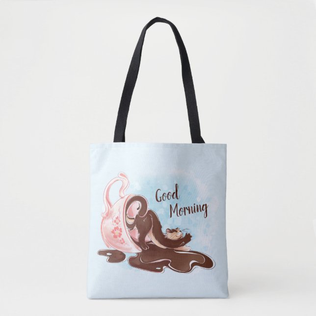 Watercolor Coffee Stretching Cat Tote Bag (Front)