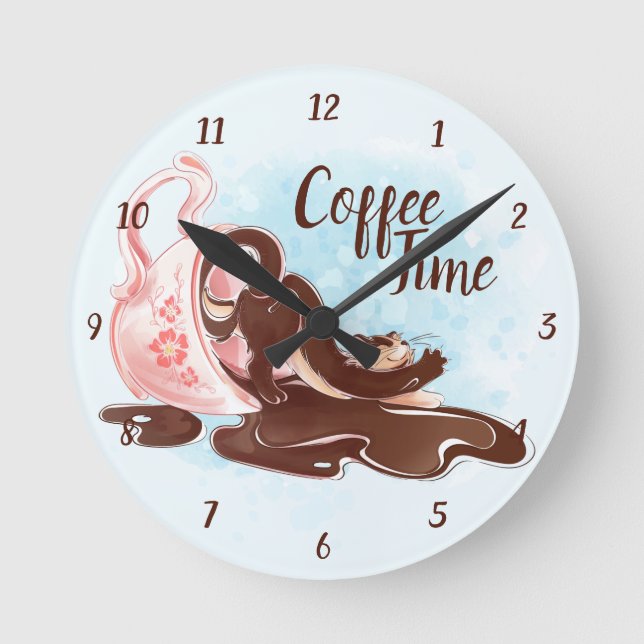 Watercolor Coffee Time Cat Round Clock (Front)