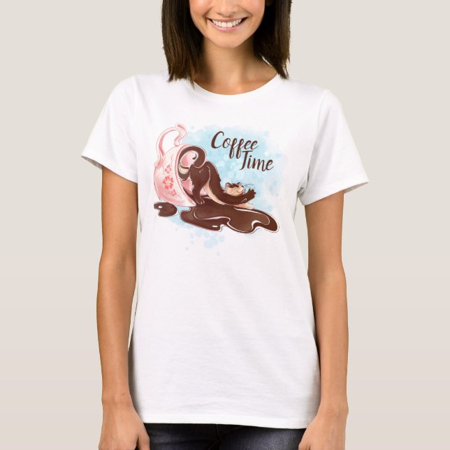 Watercolor Coffee Time Cat T-Shirt (Front)
