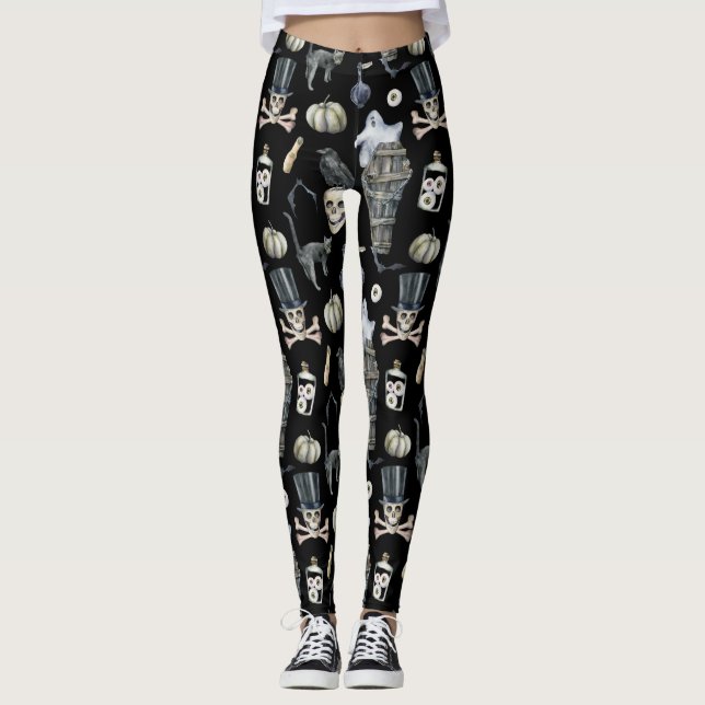 Watercolor coffin ghost skeletons leggings (Front)