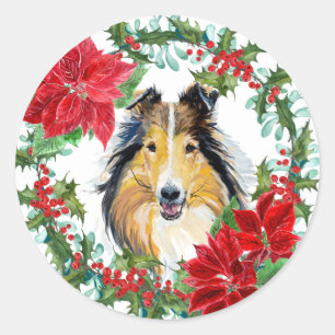 Watercolor Collie Dog Poinsettia Holiday Wreath Classic Round Sticker