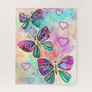 Watercolor - Colorful Butterflies - Hearts - Sweet Jigsaw Puzzle