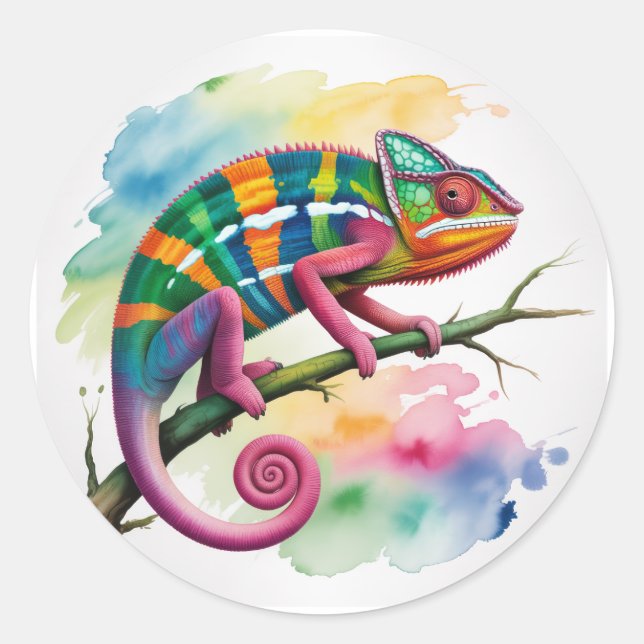 Watercolor Colorful Chameleon Birthday Party Classic Round Sticker (Front)