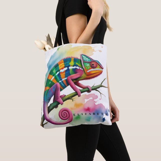 Watercolor Colorful Chameleon Birthday Party Tote Bag (Close Up)