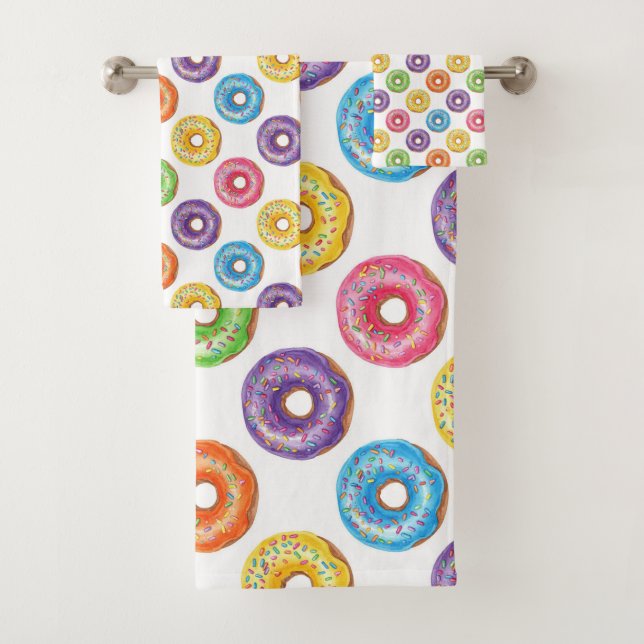 Watercolor Colorful Donuts with Sprinkles  Bath Towel Set (Insitu)