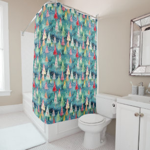 Watercolor Colorful Festive Rainbow Christmas Tree Shower Curtain