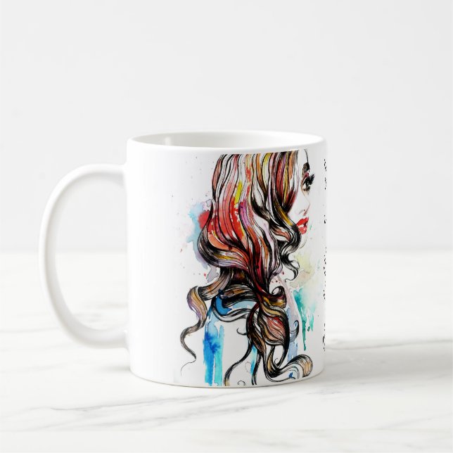 Watercolor colorful hairstyling wavy hair makeup coffee mug (Left)