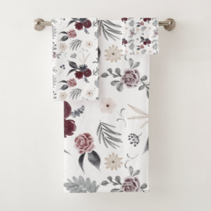 Watercolor Colorful Roses Grey Leaves Bath Towel Set