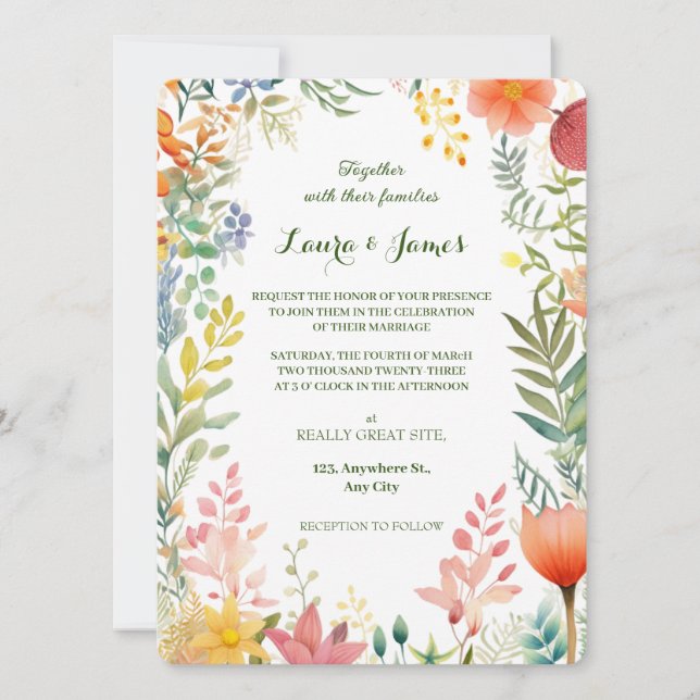 Watercolor Colorful Spring Garden Floral Wedding Invitation (Front)