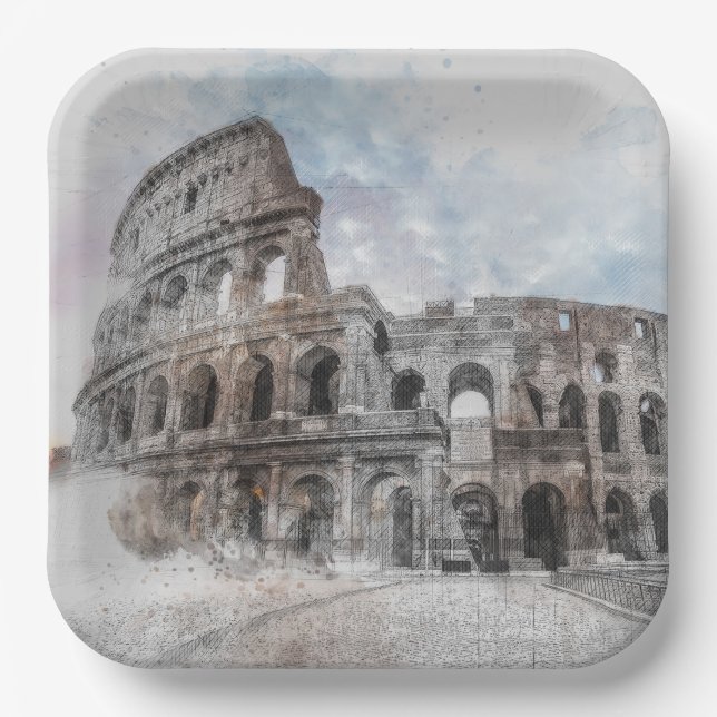 Watercolor Colosseum Rome Italy Paper Plates Art (Front)
