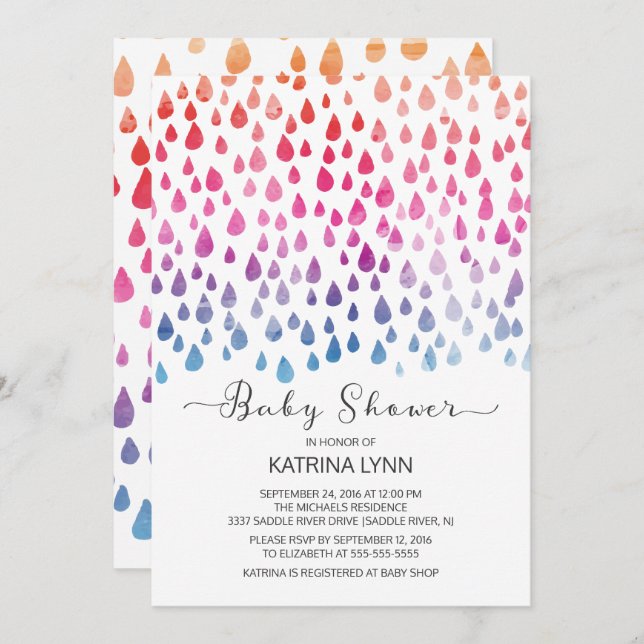 Watercolor Colour Raindrop Neutral Baby Shower Invitation (Front/Back)