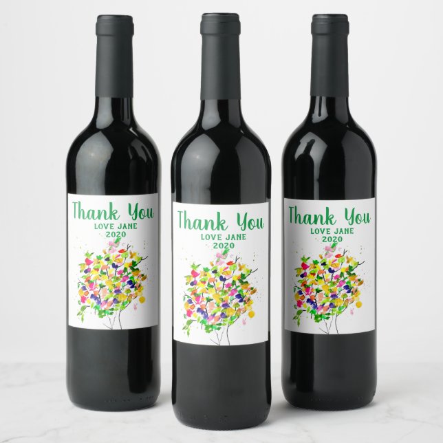 Watercolor colourful abstract tree wine label (Bottles)