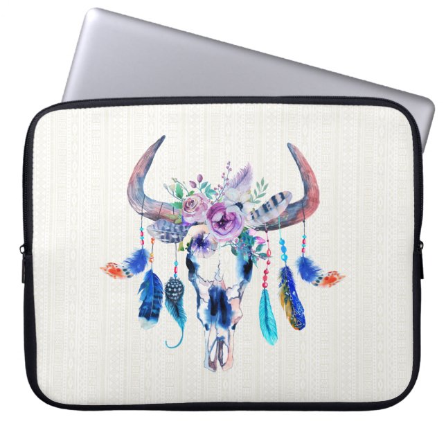 Watercolor Colourful Animal Head Skull Laptop Sleeve (Front)