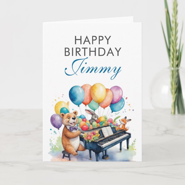 Watercolor Colourful Balloons Animal Piano Birthda Card (Front)