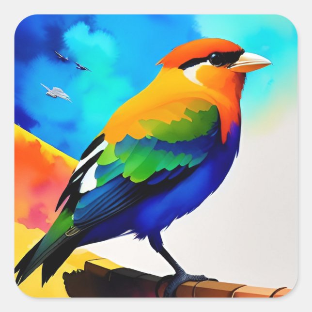 Watercolor colourful bird square sticker (Front)