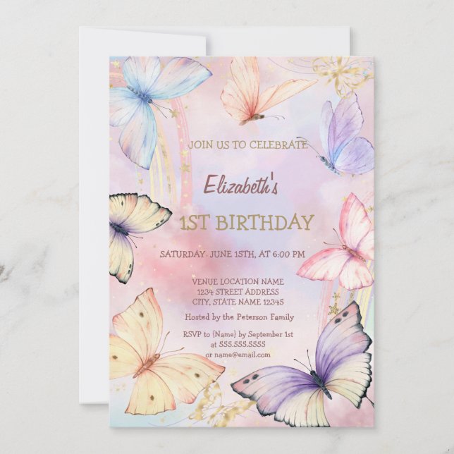 Watercolor Colourful Butterflies Rainbow Birthday  Invitation (Front)