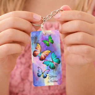Watercolor Colourful Butterfly Name Key Ring Gift