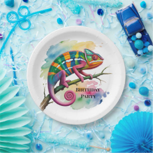 Watercolor Colourful Chameleon Birthday Party Paper Plate