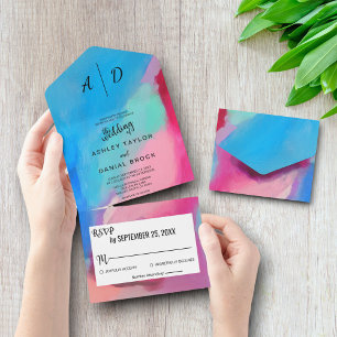 Watercolor colourful chic All in One Wedding Invit Invitation